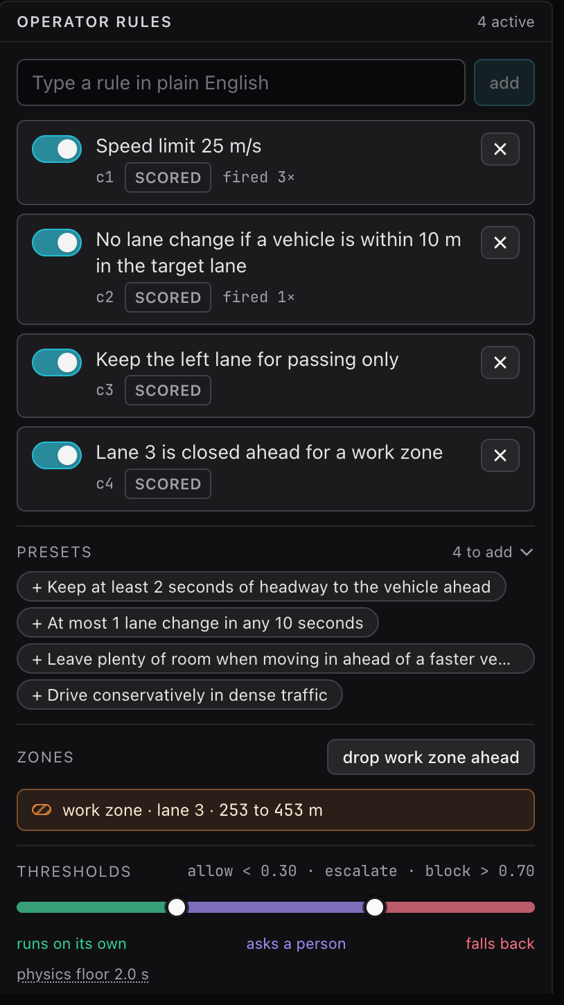 The operator rules panel with a zone dropped